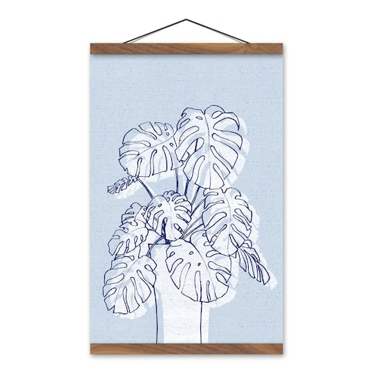 Blue Monstera Drawing Teak Hanging Canvas Wall Art